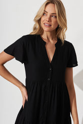 Black Linen Blend Midi Shirt Dress by Marvela